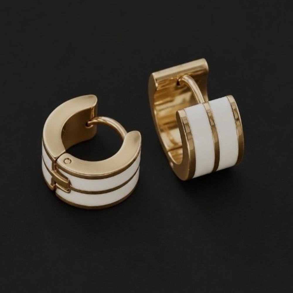 18K Gold Plated Stainless Steel White Enamel Striped Huggie Hoop Earrings